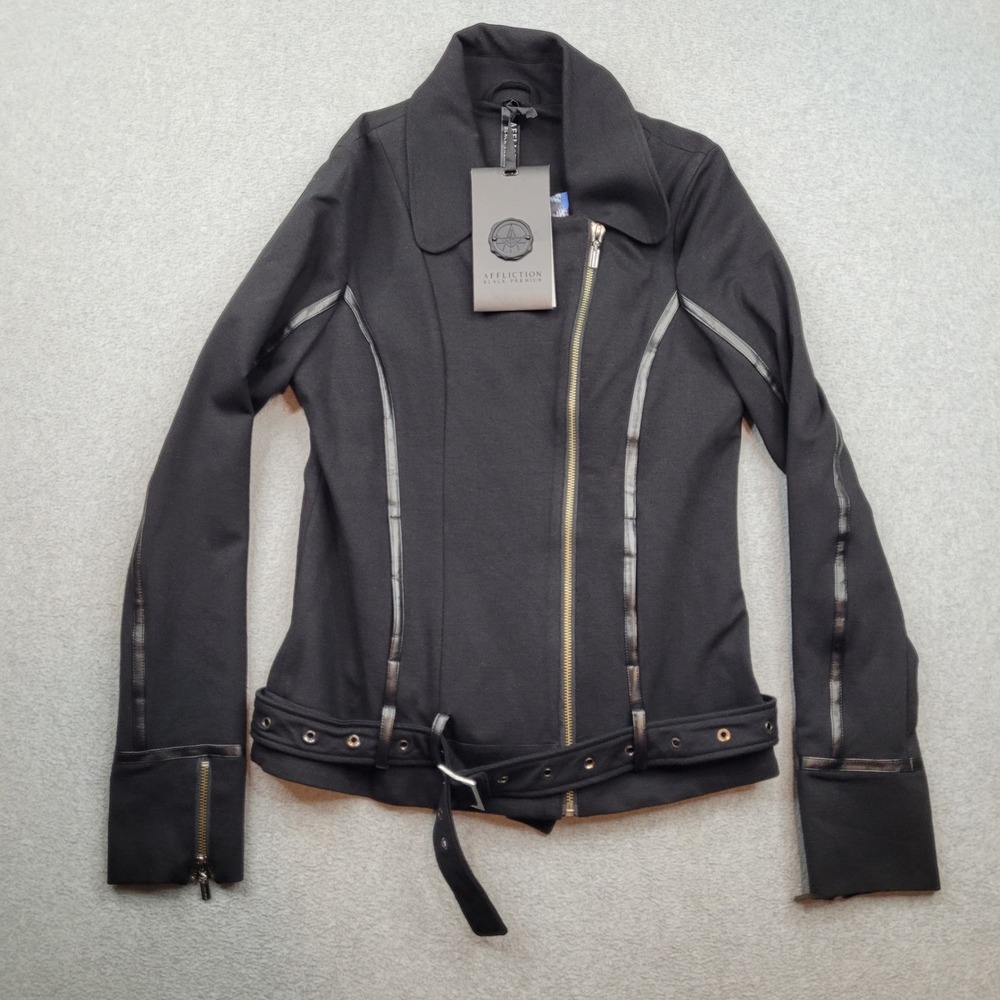 Affliction Jacket Womens Large Black Moto Biker Belted Snake Print 11MCJ602 NWT